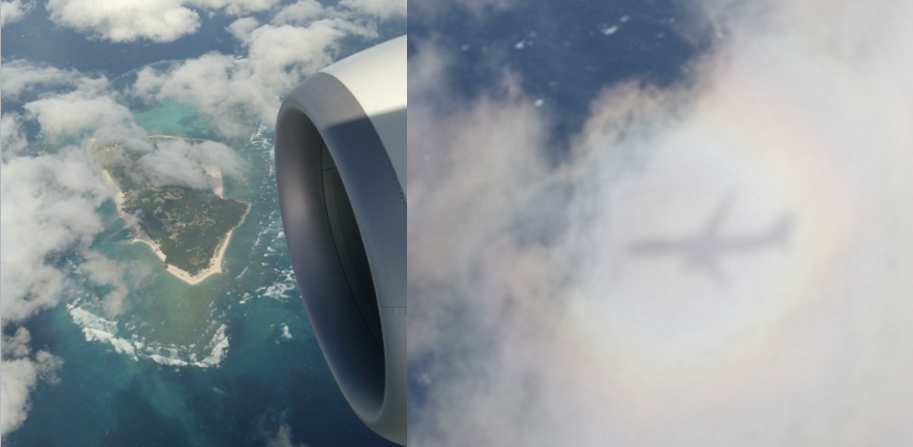 水納島　ﾌﾞﾛｯｹﾝ現象　飛行機　虹　影　雲　石垣島　着陸態勢